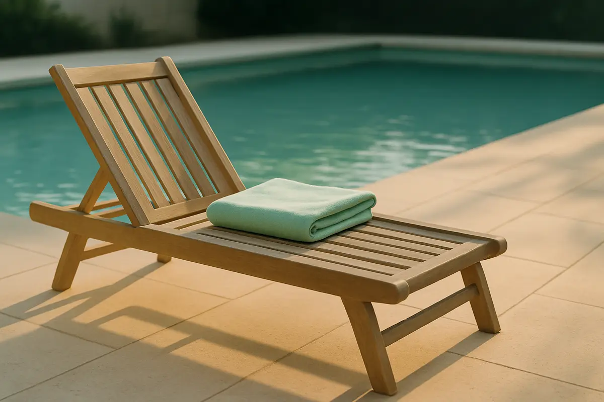 Photograph of a teak lounge chair with a folded towel beside a quiet backyard pool at golden hour